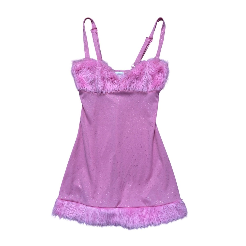 VTG y2k bubblegum pink sparkly feather fluffy fembot marabou mini dress sexy S‎